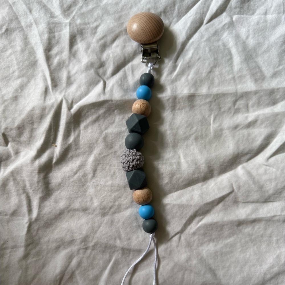 Blue and Gray Beaded Pacifier Clip